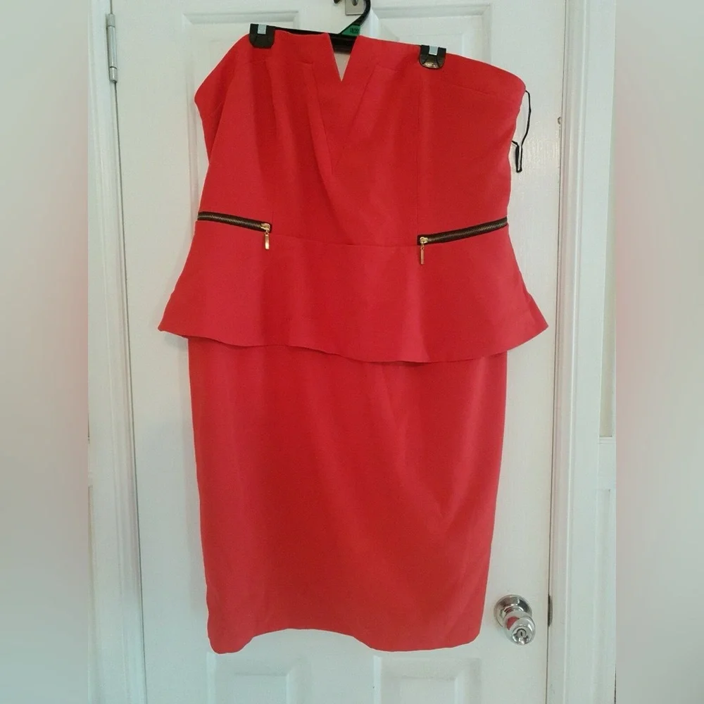 City Chic Red Strapless Peplum Midi Dress with Zip Details - Picture 1 of 5